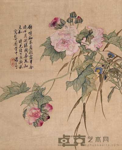汤世澍 丁酉(1897年)作 花卉 立轴 42.5×34cm